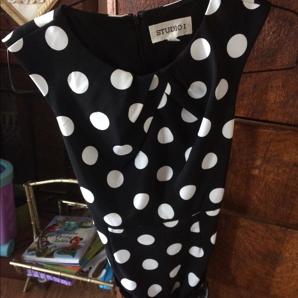 STUDIO I BLACK POLKA DOT DRESS PETITE SMALL - Picture 2 of 3